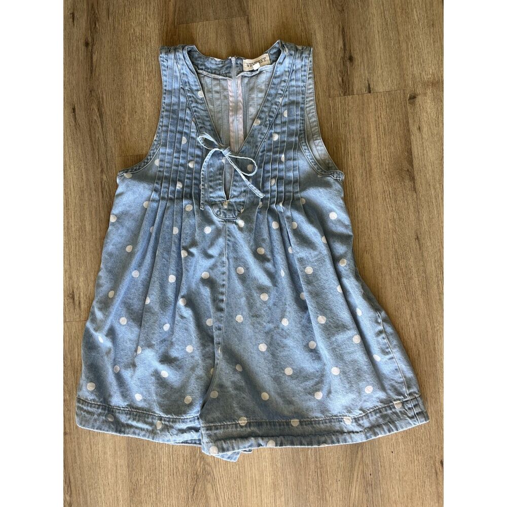 Veveret Pleated Polka Dot Denim Romper Light Wash Size S